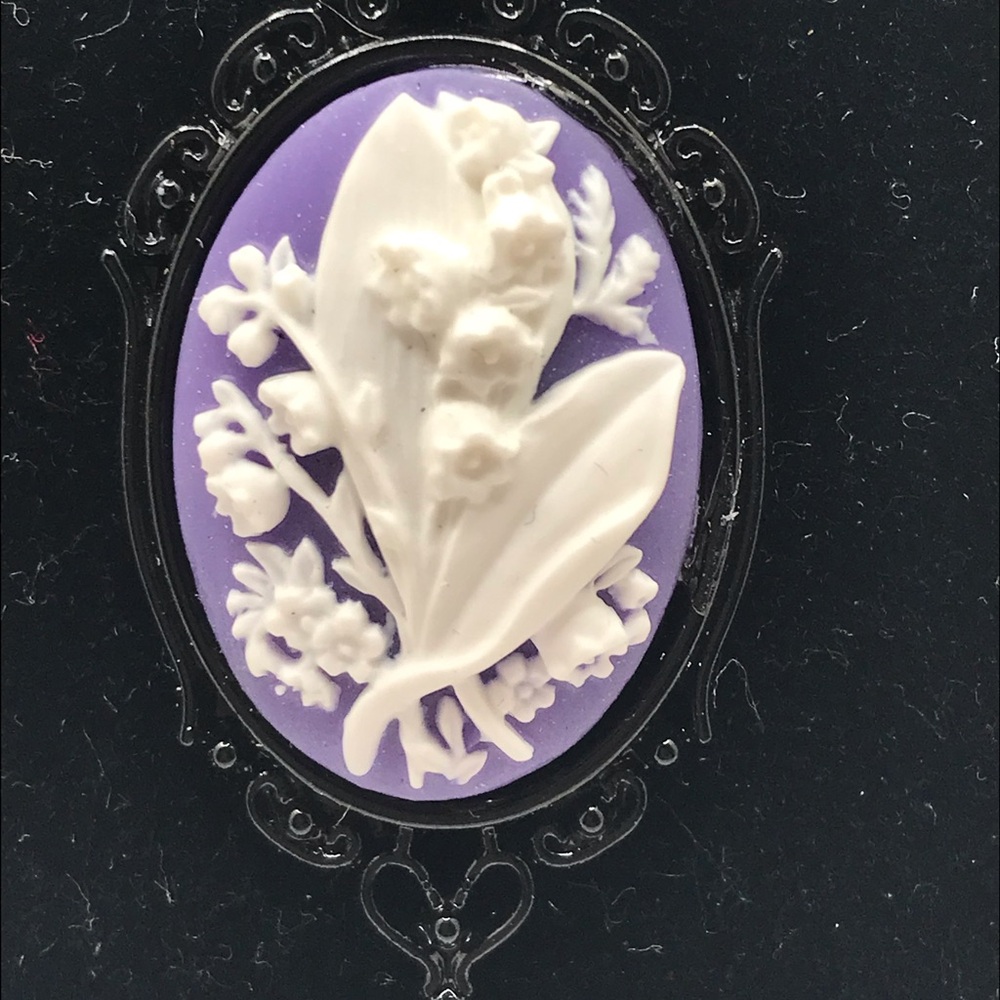 Dark Lavender Cameo Pendant White Lilly of Valley in Black Chain Necklace.